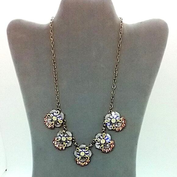 Statement Necklace 5 Rhinestone Sections Peach Gold Clear Stones Brass Tone - Picture 1 of 4